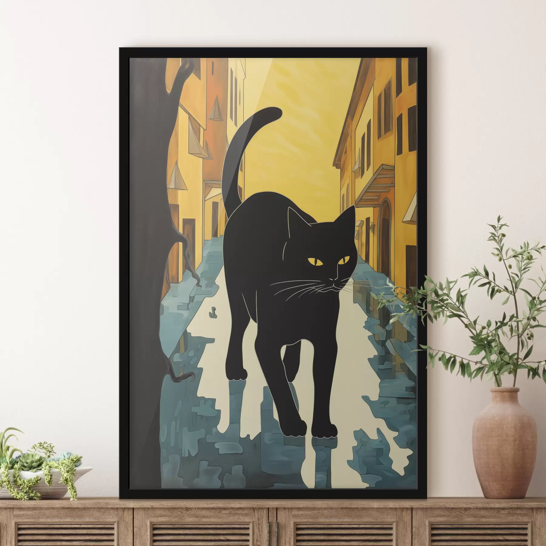 Tableau Chat noir marchant dans la rue Illustration de style BD f40758