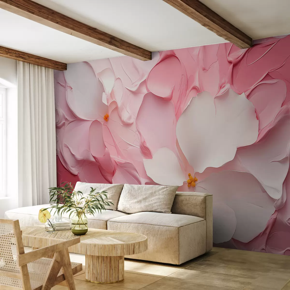 Papier peint Fleurs abstraites blanches, traits de peinture rose w01555