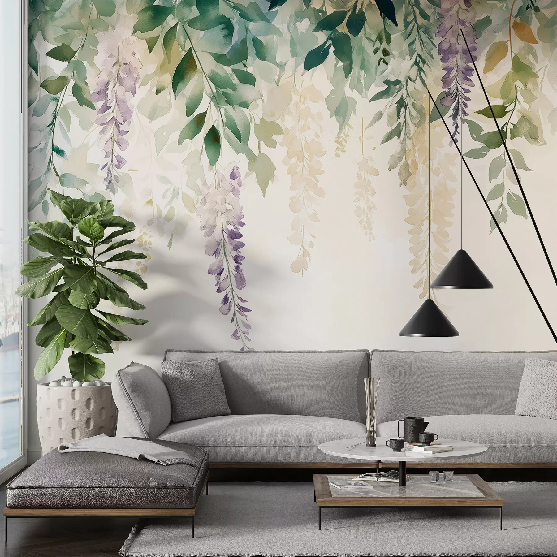 Papier peint Ornement de fleur de glycine, floral, aquarelle, couleurs naturelles w01545