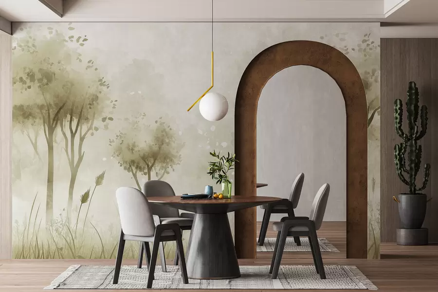 Papier peint Forêt aquarelle avec herbe et arbres, couleur verte w01546v1