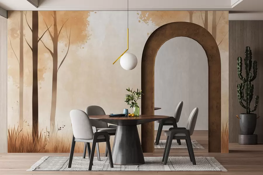 Papier peint Aquarelle forêt, brouillard, arbres, herbe, paysage naturel, couleur beige w01563