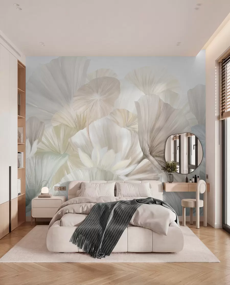 Papier peint Délicates feuilles de lotus vertes avec des fleurs blanches aux pétales doux et plumeux disposées dans une composition artistique naturelle w08265