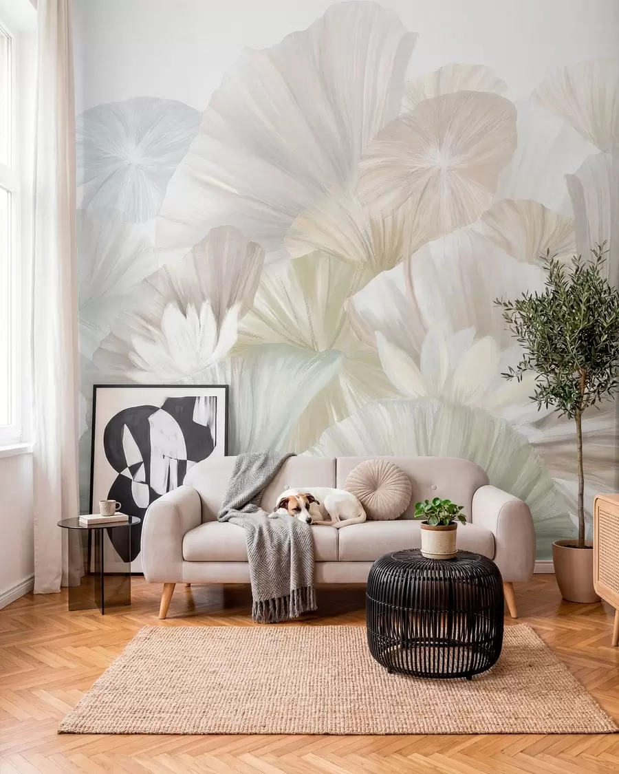 Papier peint Délicates feuilles de lotus vertes avec des fleurs blanches aux pétales doux et plumeux disposées dans une composition artistique naturelle w08265