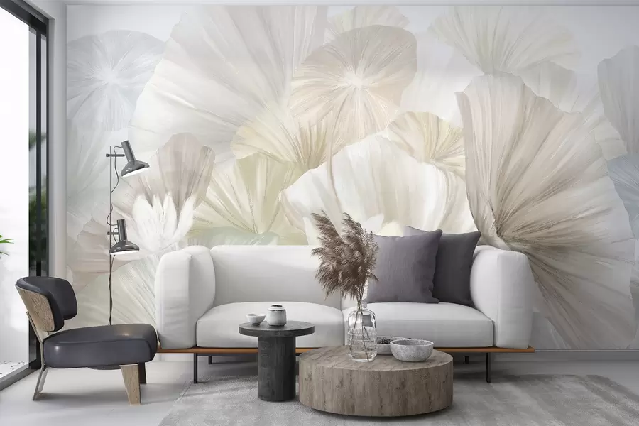 Papier peint Délicates feuilles de lotus vertes avec des fleurs blanches aux pétales doux et plumeux disposées dans une composition artistique naturelle w08265