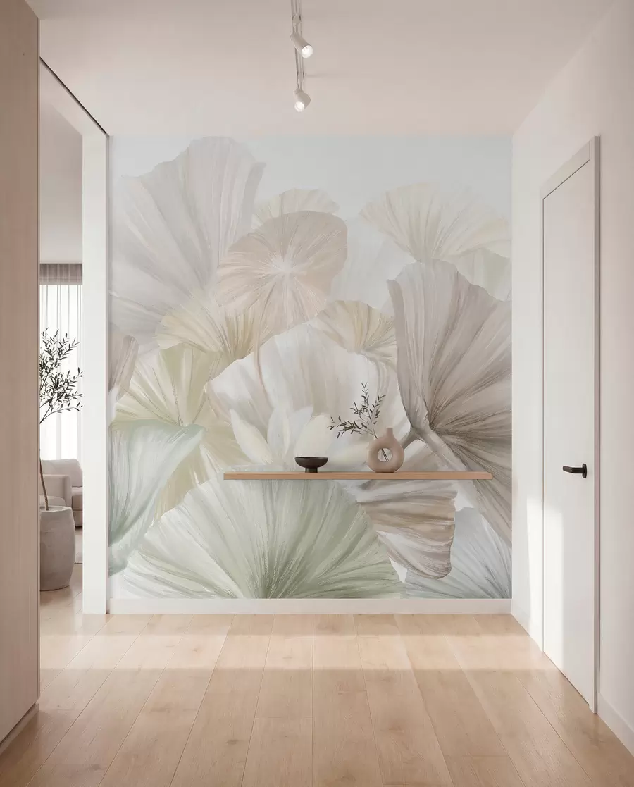 Papier peint Délicates feuilles de lotus vertes avec des fleurs blanches aux pétales doux et plumeux disposées dans une composition artistique naturelle w08265