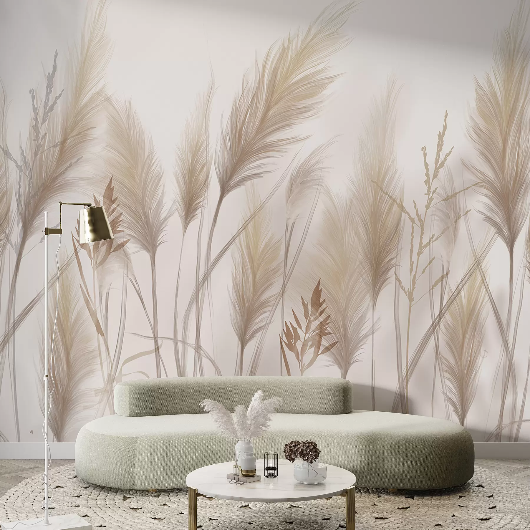 Papier peint De grands brins d'herbe beige en épis se balançant dans le vent sur un fond doux et clair w08268