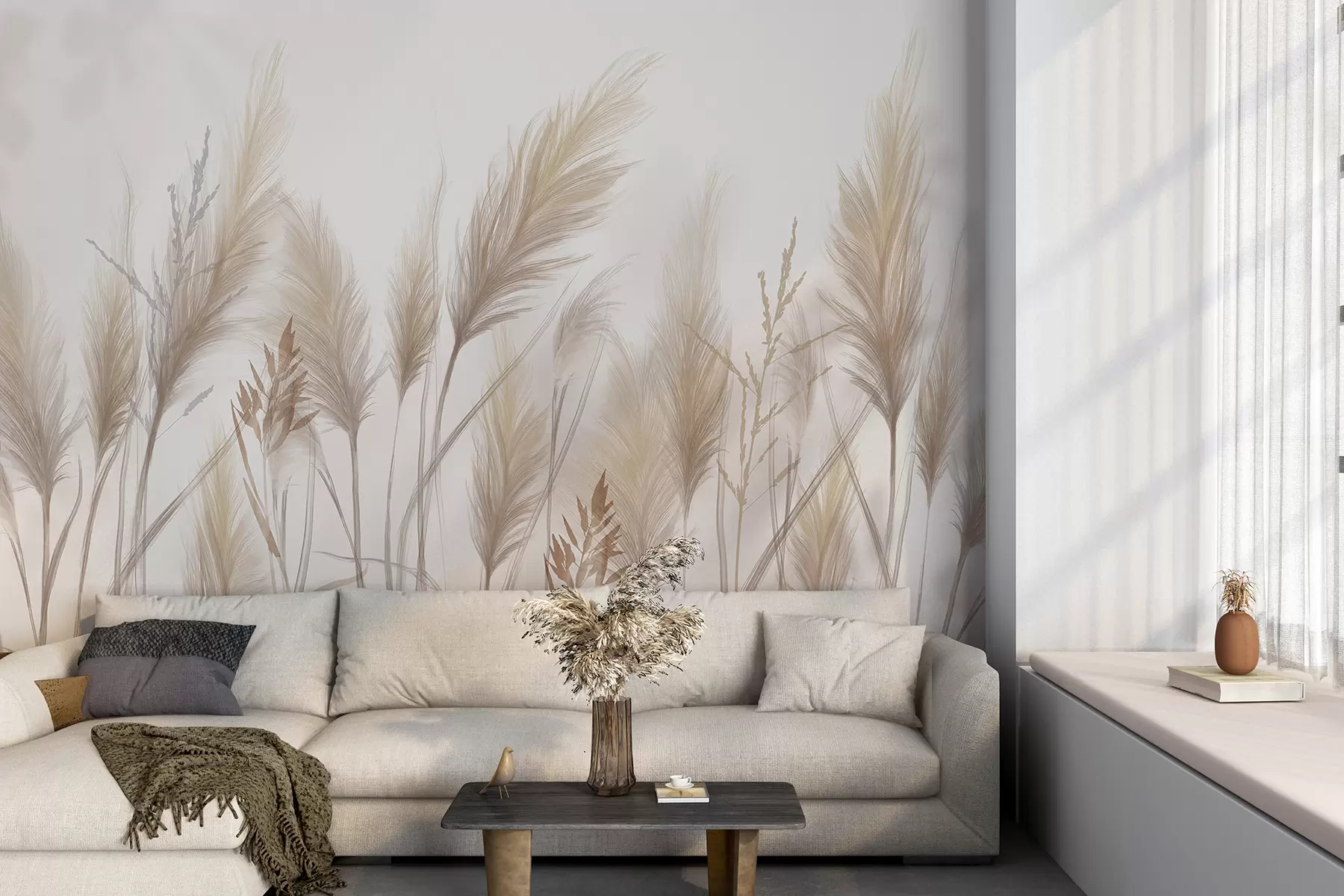 Papier peint De grands brins d'herbe beige en épis se balançant dans le vent sur un fond doux et clair w08268