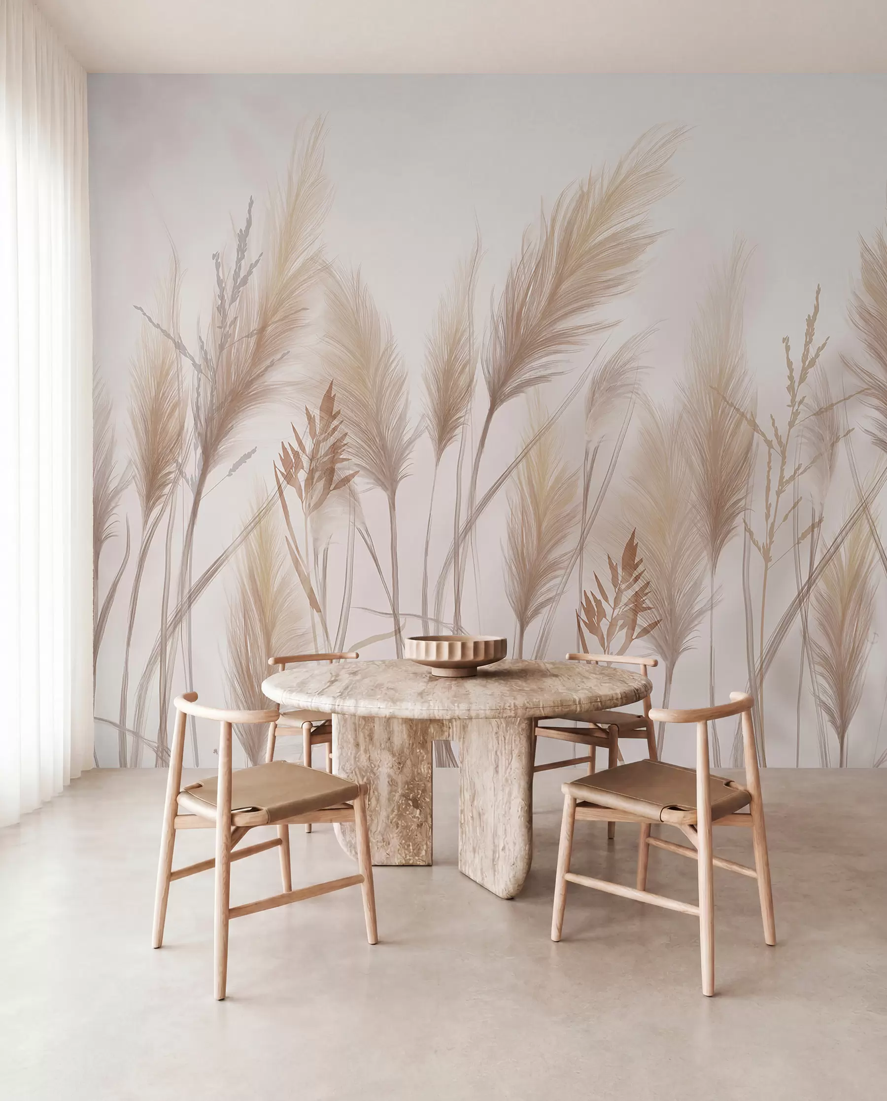 Papier peint De grands brins d'herbe beige en épis se balançant dans le vent sur un fond doux et clair w08268