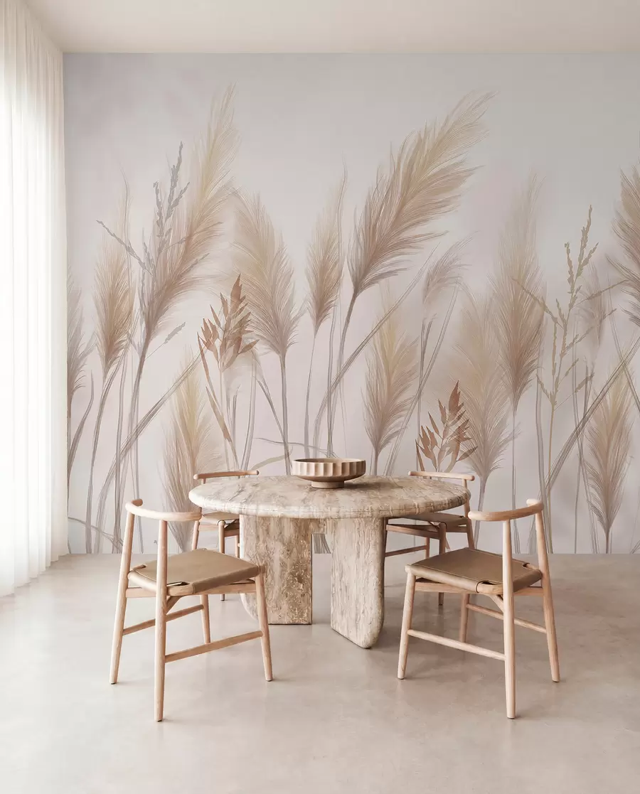 Papier peint De grands brins d'herbe beige en épis se balançant dans le vent sur un fond doux et clair w08268