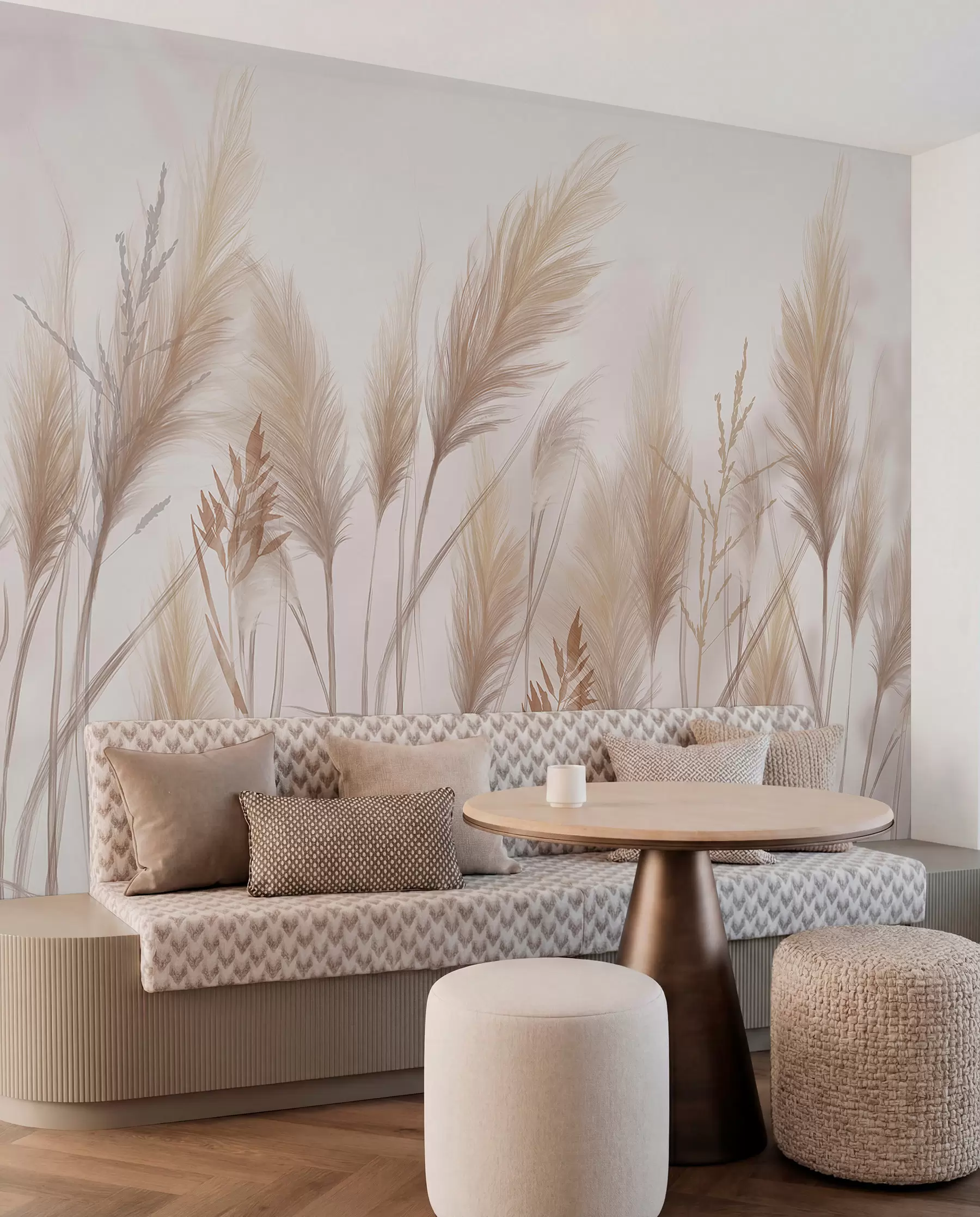Papier peint De grands brins d'herbe beige en épis se balançant dans le vent sur un fond doux et clair w08268