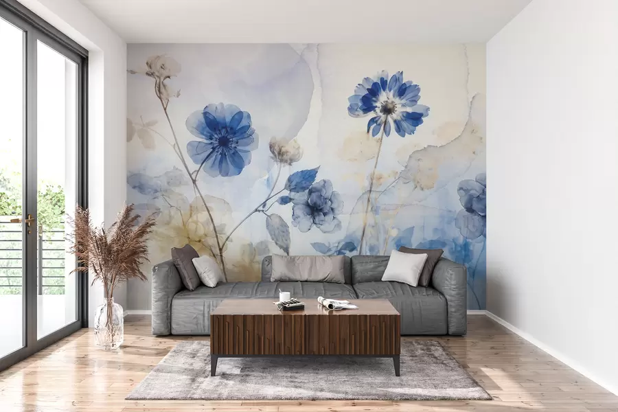 Papier peint Fleurs transparentes bleues et blanches en aquarelle dans un champ, sur fond abstrait doux et flou w08270