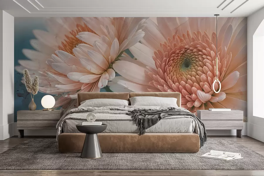 Papier peint Fleurs de gerbera rose tendre avec des pétales délicats et de la texture sur un fond bleu clair  w08272