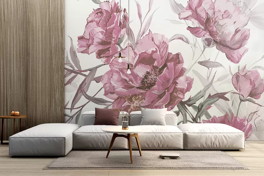 Papier peint Peinture de pivoines roses avec un feuillage luxuriant sur un fond abstrait léger  w08274