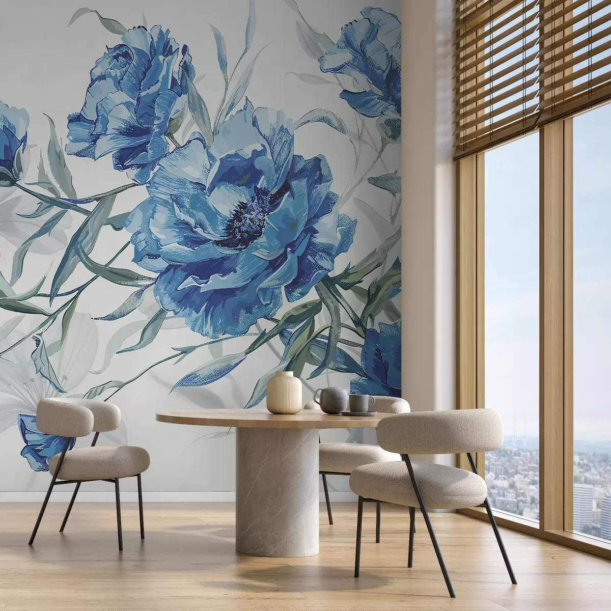 Papier peint Peinture de pivoines bleues avec un feuillage luxuriant sur un fond abstrait léger  w08274v1