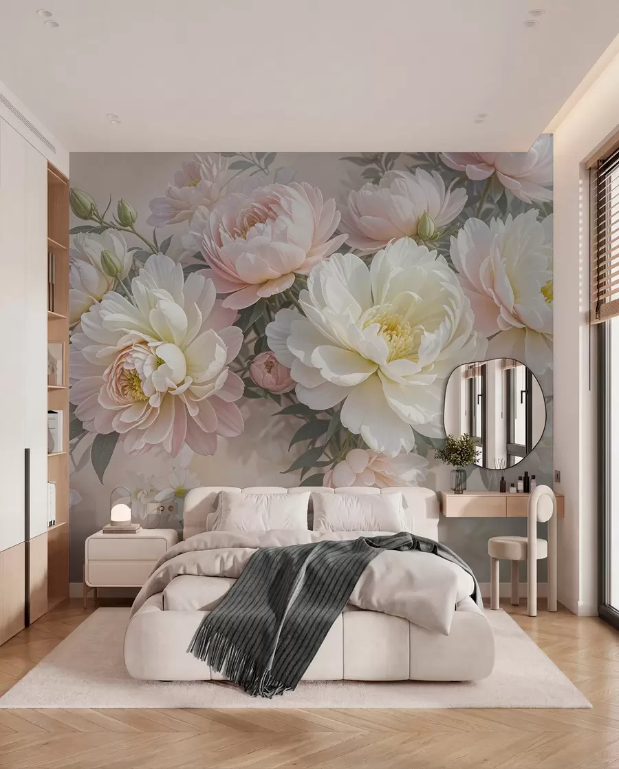 Papier peint Un bouquet de pivoines et d'autres fleurs luxuriantes aux couleurs pastel sur un fond doux et flou  w08276