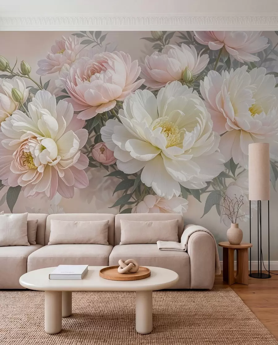 Papier peint Un bouquet de pivoines et d'autres fleurs luxuriantes aux couleurs pastel sur un fond doux et flou  w08276