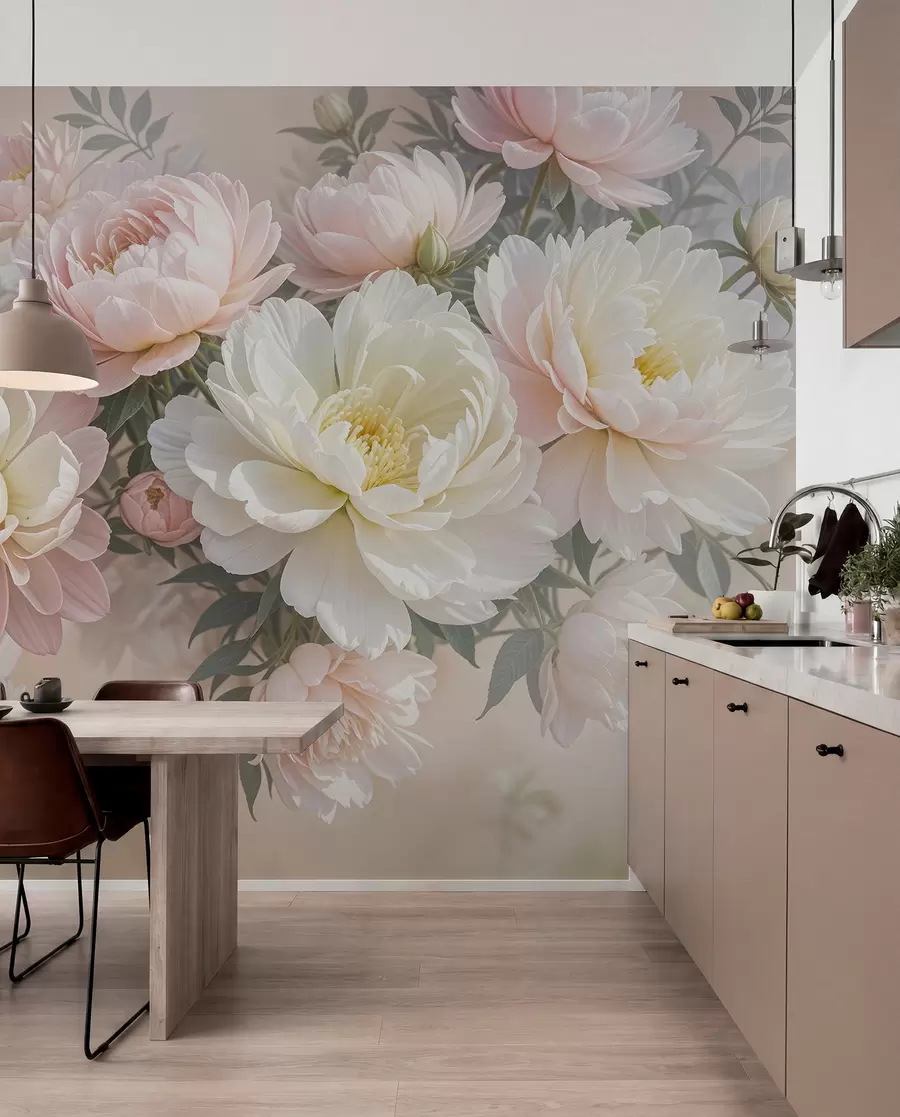 Papier peint Un bouquet de pivoines et d'autres fleurs luxuriantes aux couleurs pastel sur un fond doux et flou  w08276