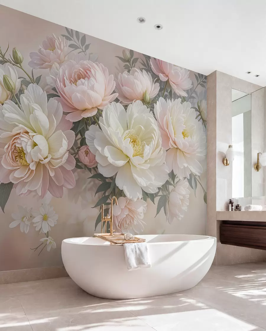 Papier peint Un bouquet de pivoines et d'autres fleurs luxuriantes aux couleurs pastel sur un fond doux et flou  w08276