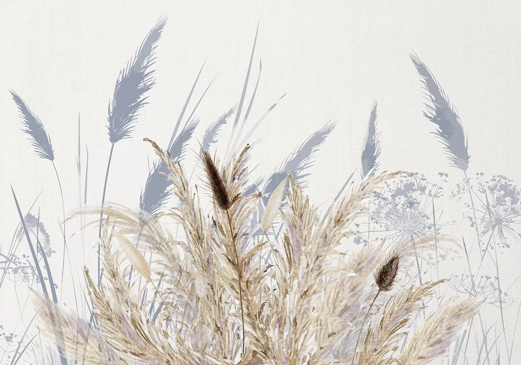 Papier peint Hautes tiges de blé et d'herbe avec des plumes blanches duveteuses sur un fond clair w08282