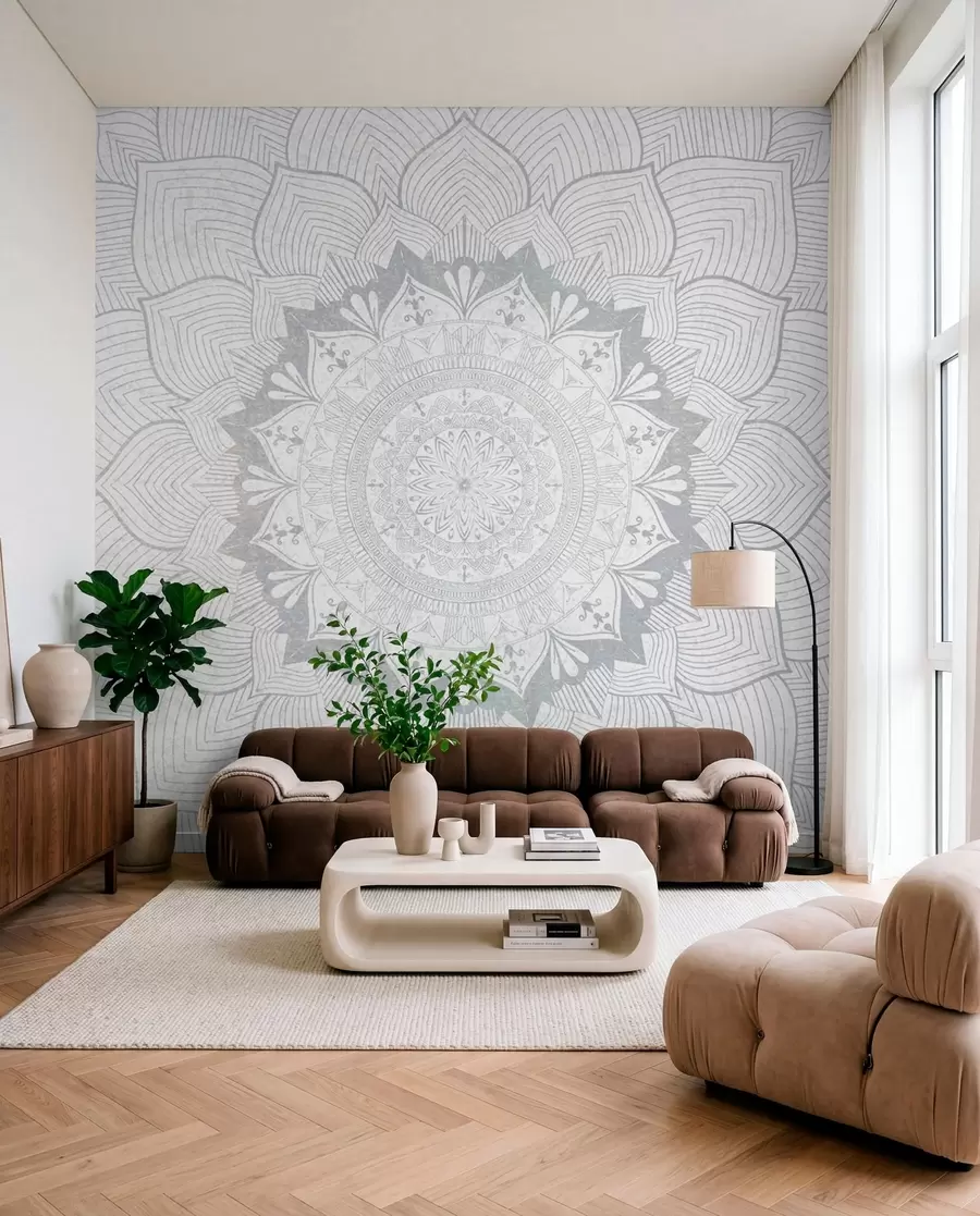 Papier peint Mandala rond, papier peint pour espace yoga ou pour harmoniser l'espace personnel. Mandala mural dans les tons gris sur fond hétérogène texturé w01088v2