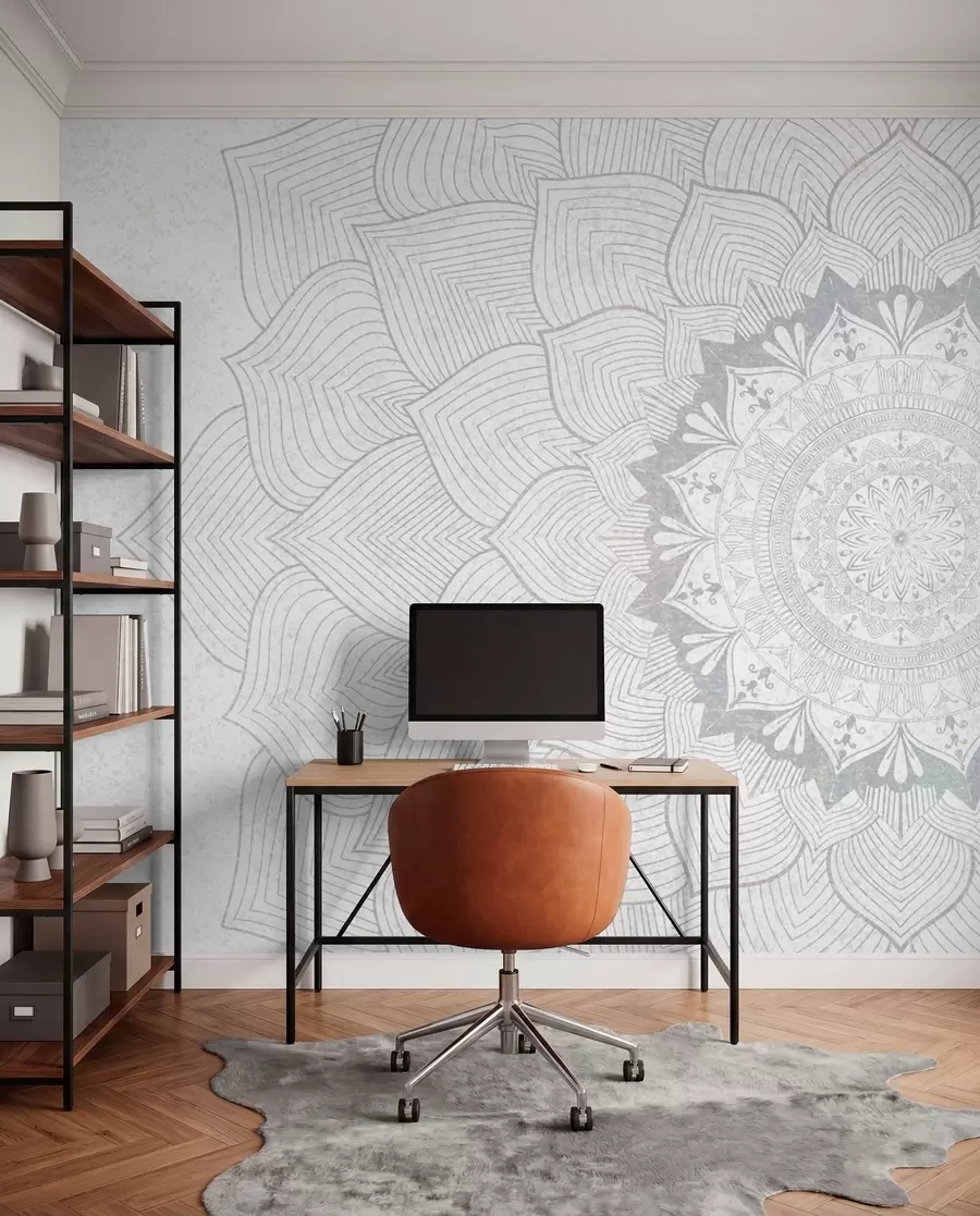 Papier peint Mandala rond, papier peint pour espace yoga ou pour harmoniser l'espace personnel. Mandala mural dans les tons gris sur fond hétérogène texturé w01088v2