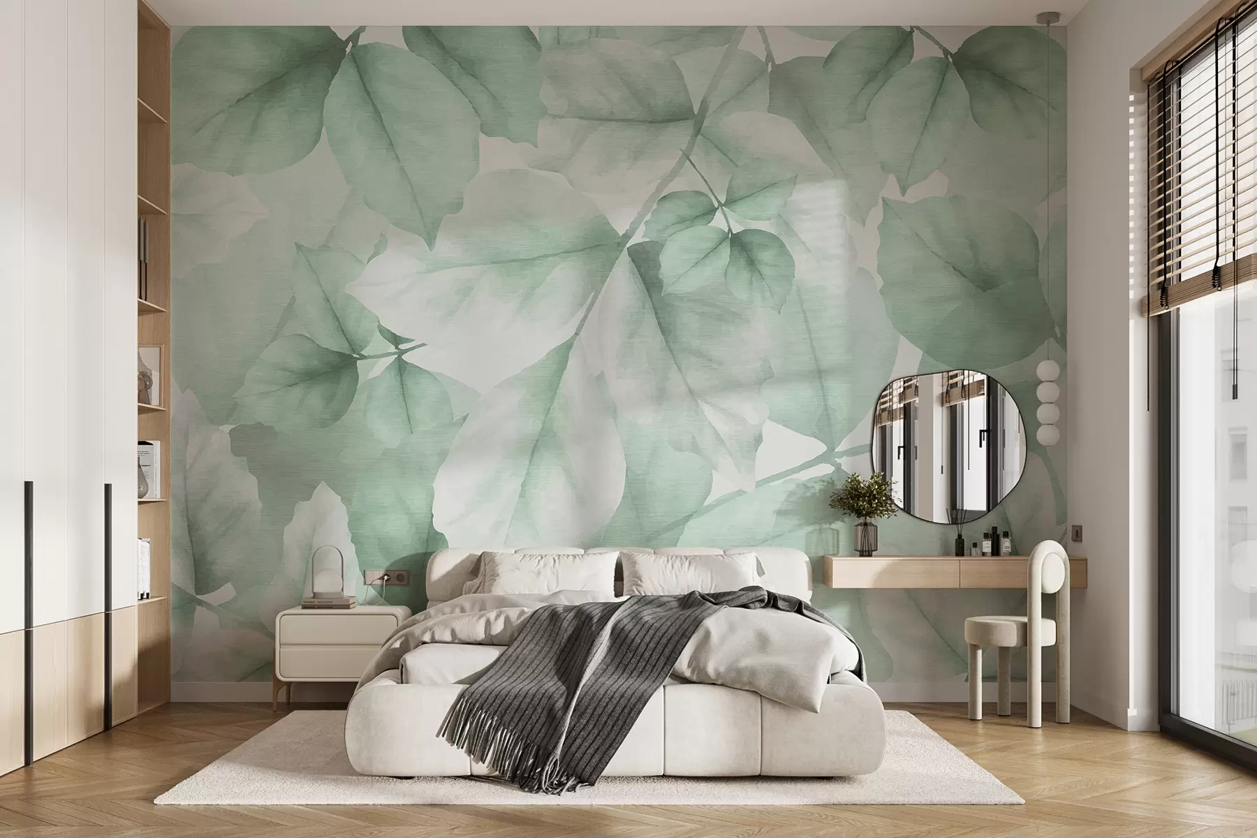 Papier peint Papier peint texturé avec de grandes feuilles dans des tons verts pastel w01090v3