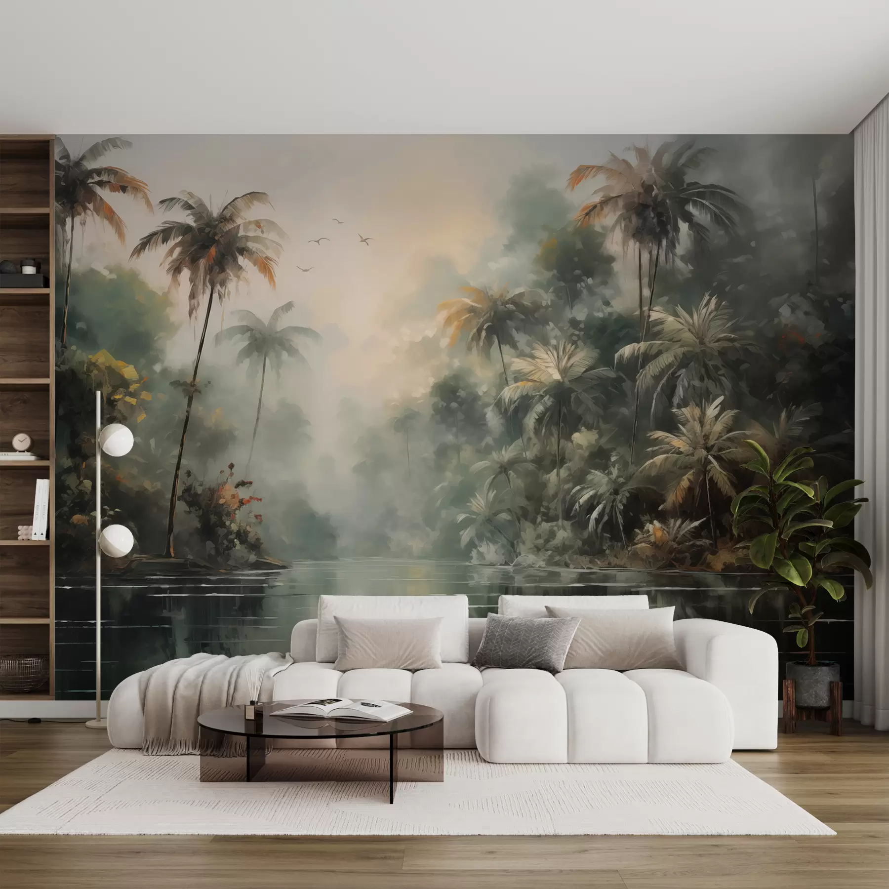 Papier peint Jungle au bord de l'étang, palmiers, végétation w01613