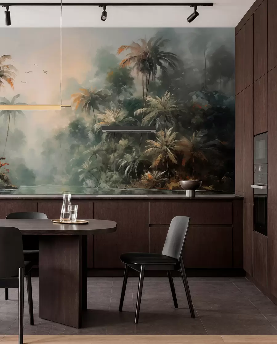 Papier peint Jungle au bord de l'étang, palmiers, végétation w01613
