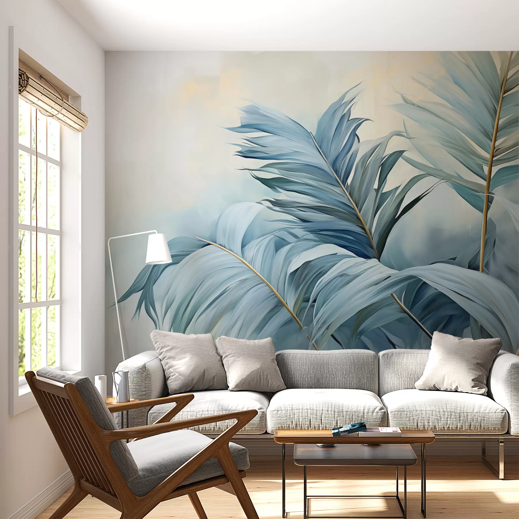 Papier peint Feuilles de palmier bleues sur fond de brouillard w01618