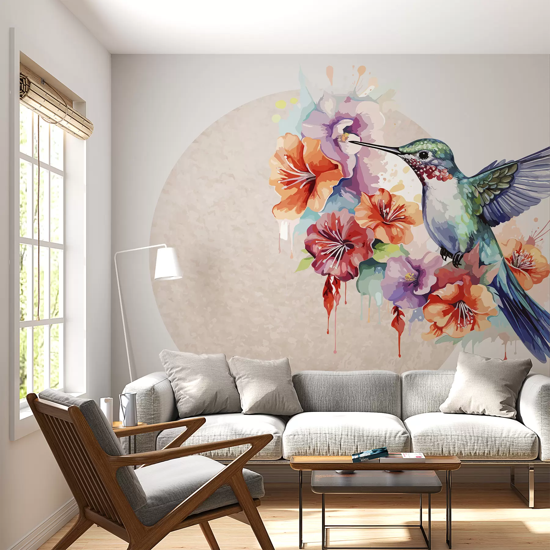 Papier peint Colibri, fleurs, cercle, beige w01528