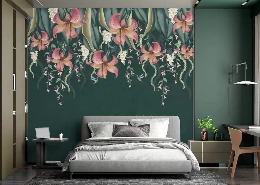 Papier peint Délicat motif botanique avec des lys suspendus, des fleurs et des colibris sur un mur vert grunge w01523v3