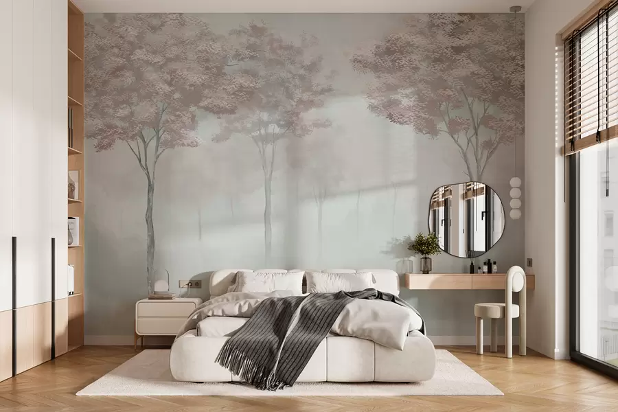 Papier peint Silhouette de forêt brumeuse en rose et gris w01599v4