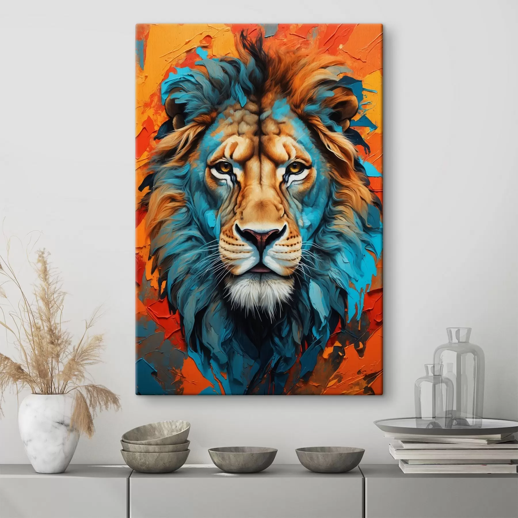Tableau Tête de lion sur fond d'huile abstraite s40645