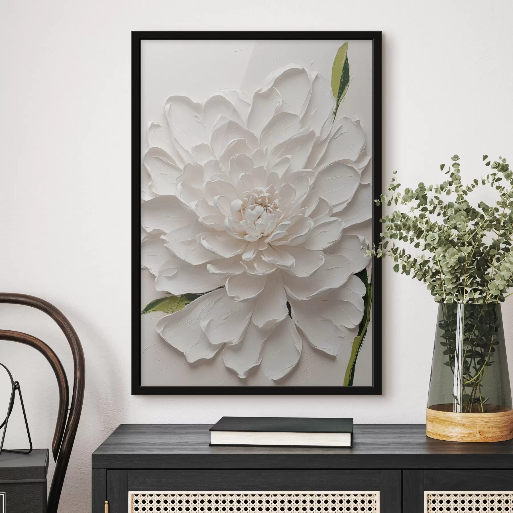 Papier peint Fleur blanche à l'huile avec tige verte f40620