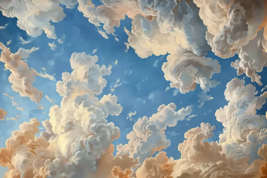 Papier peint Nuages dans des tons chauds de crème et de pêche pâle sur un ciel d'un bleu profond et lumineux w01583