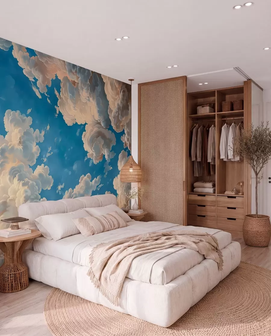 Papier peint Nuages dans des tons chauds de crème et de pêche pâle sur un ciel d'un bleu profond et lumineux w01583