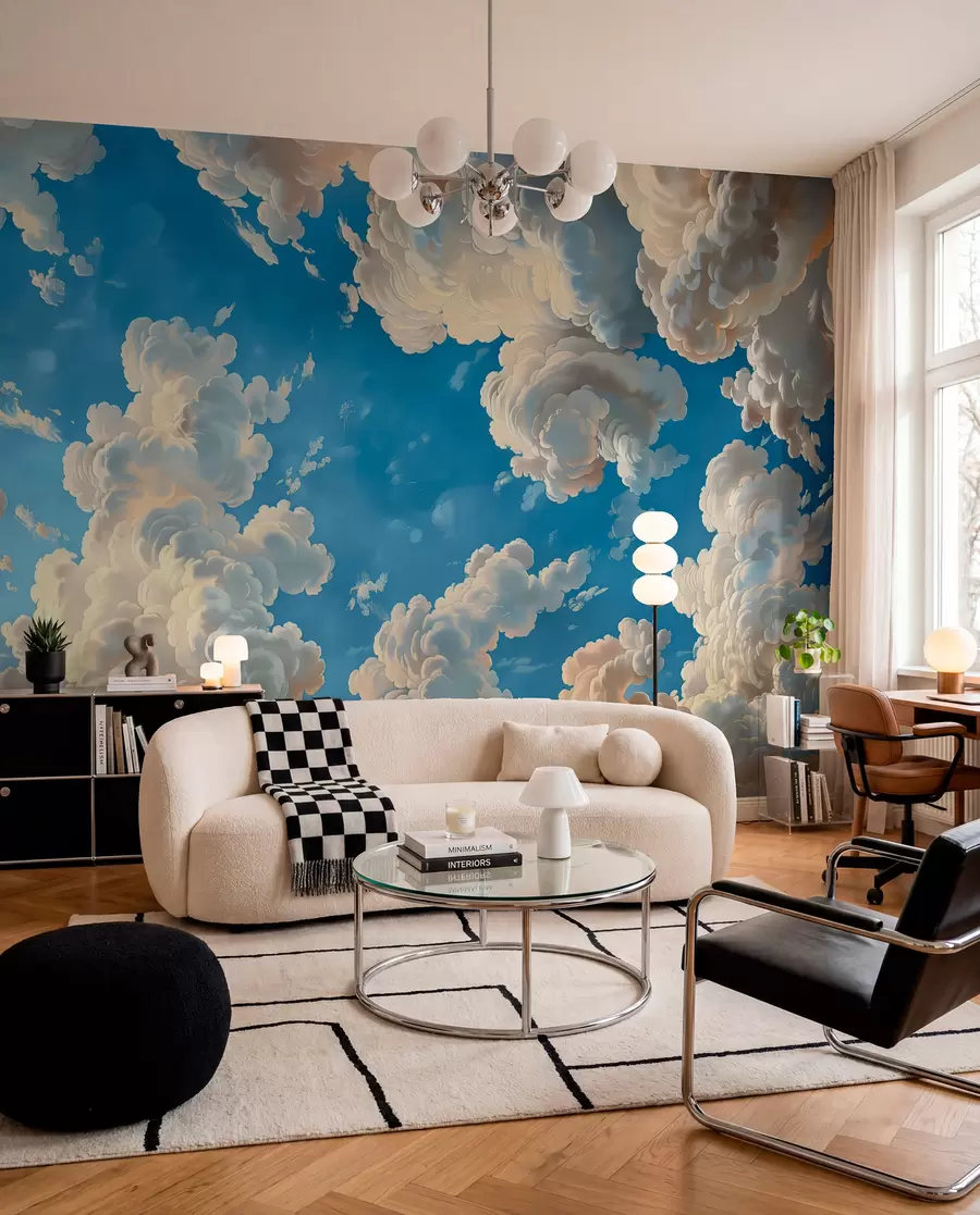 Papier peint Nuages dans des tons chauds de crème et de pêche pâle sur un ciel d'un bleu profond et lumineux w01583