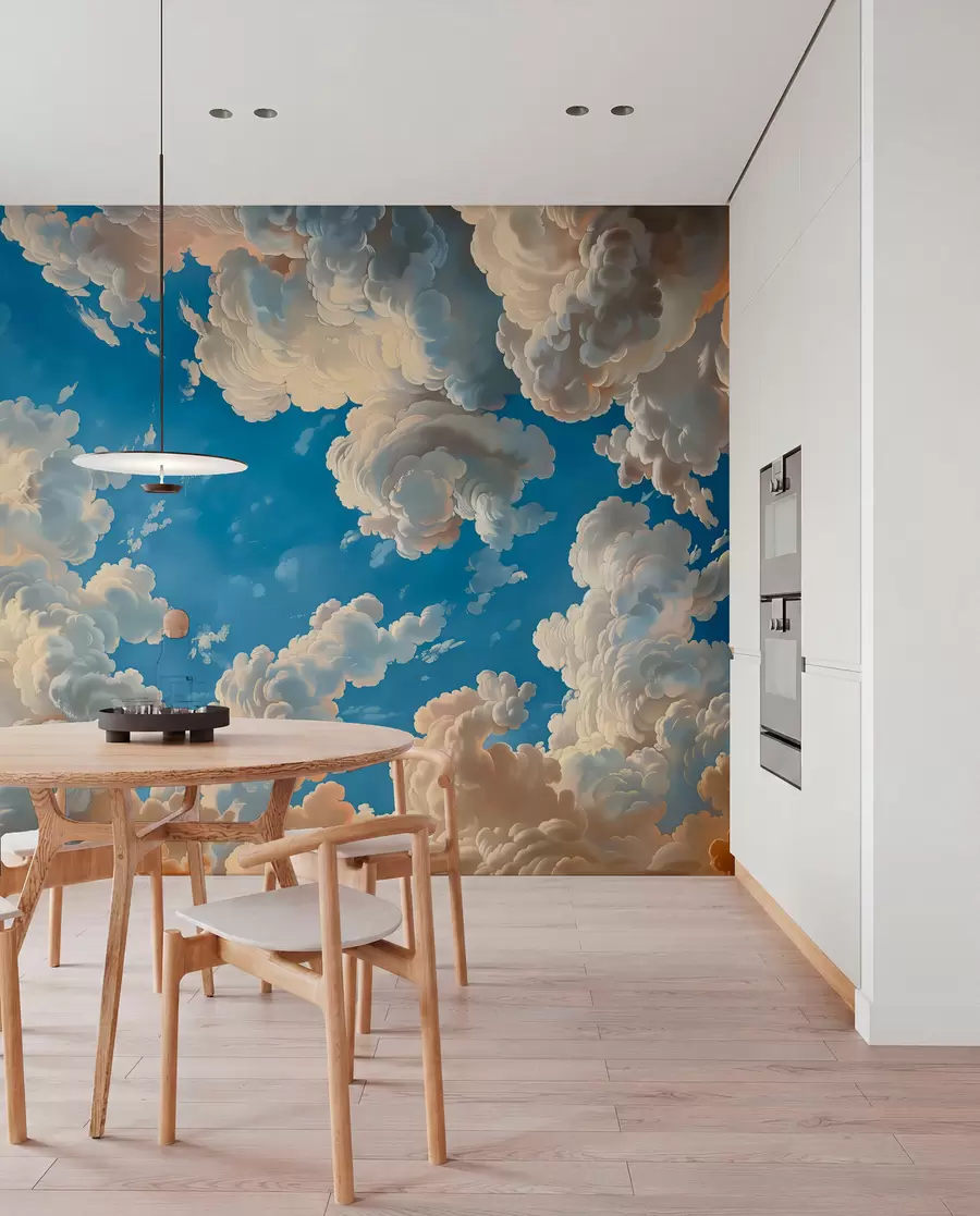 Papier peint Nuages dans des tons chauds de crème et de pêche pâle sur un ciel d'un bleu profond et lumineux w01583