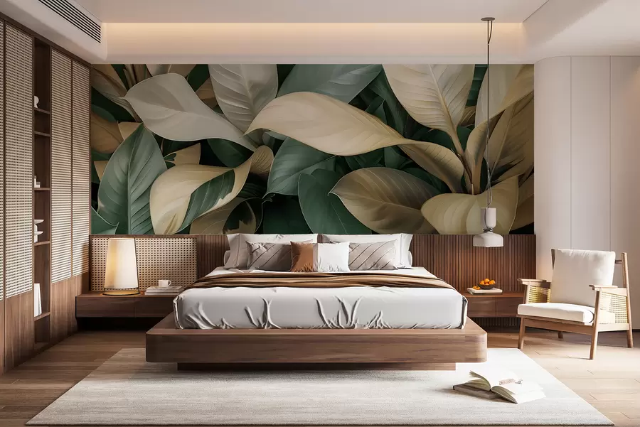 Papier peint Grandes feuilles tropicales de couleur verte et beige w01587v1