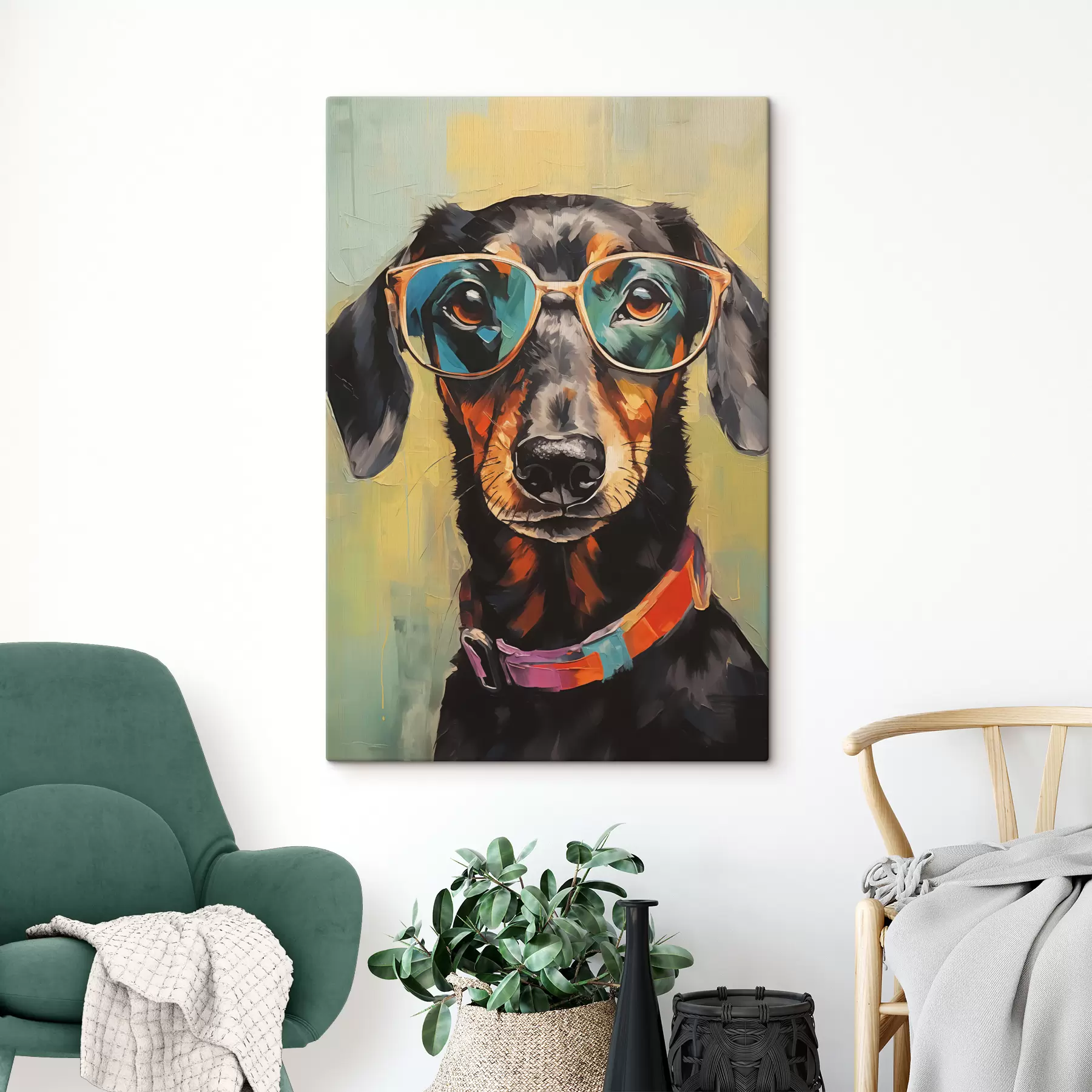 Papier peint Portrait d'un teckel noir avec des lunettes s40803