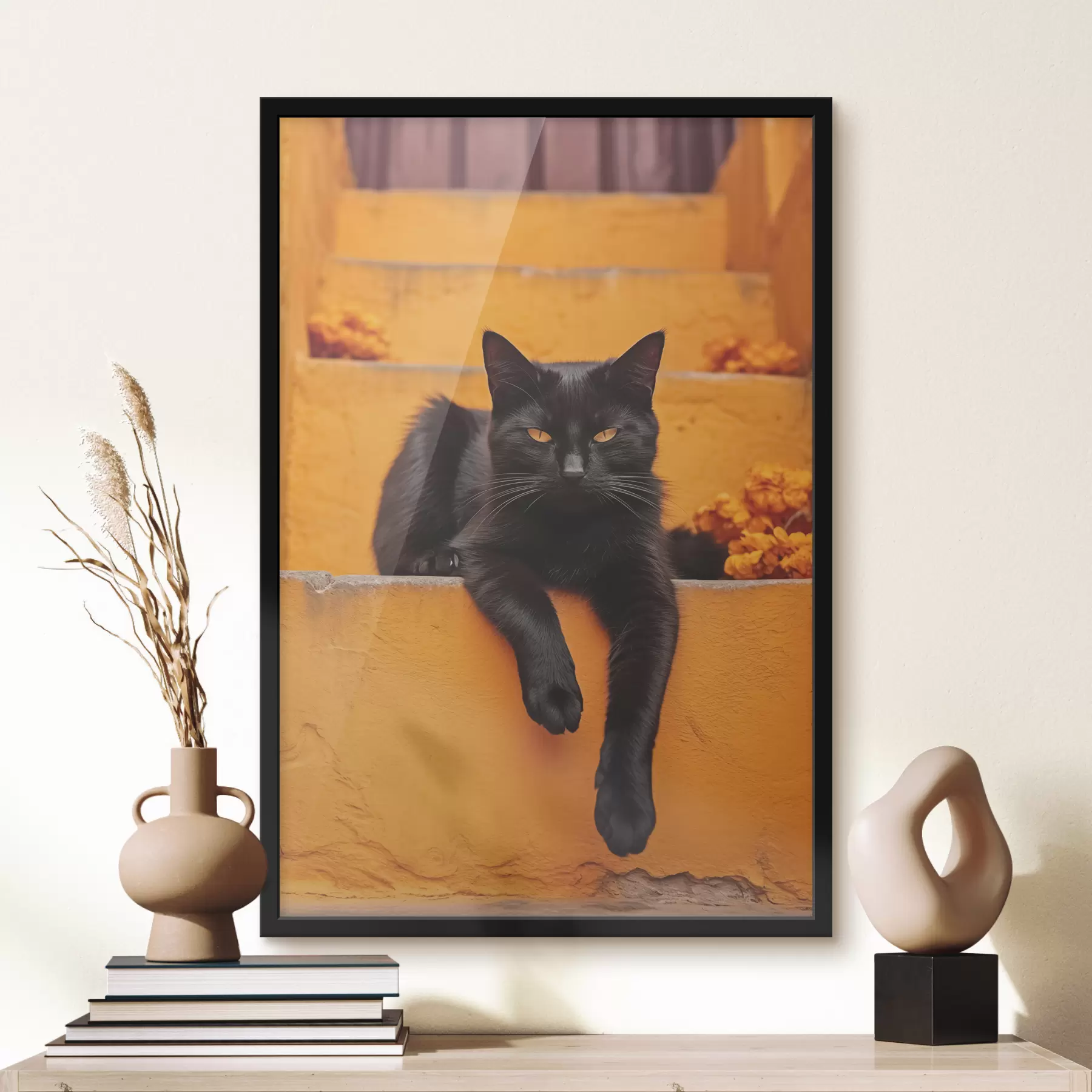 Tableau Un chat noir est couché sur des marches jaunes f40798