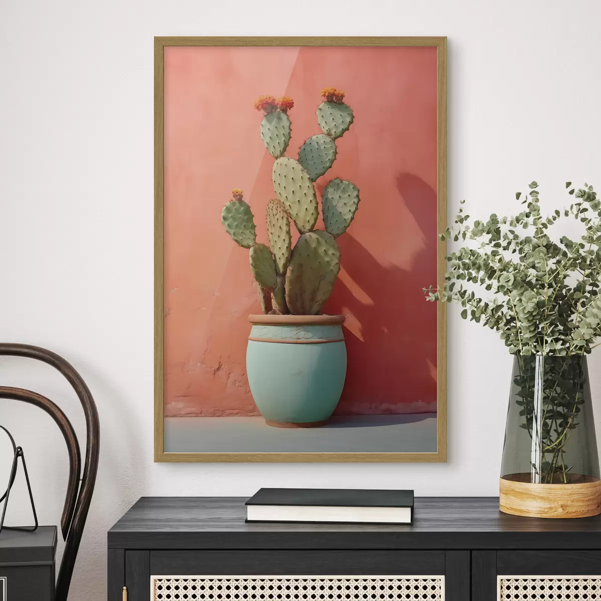 Poster Cactus dans un pot léger contre un mur rose rouge f40800