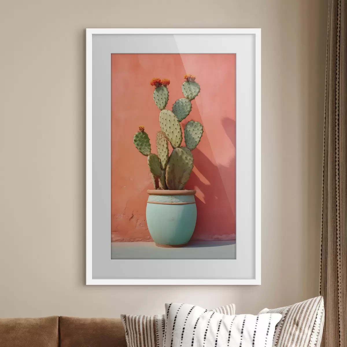 Poster Cactus dans un pot léger contre un mur rose rouge f40800