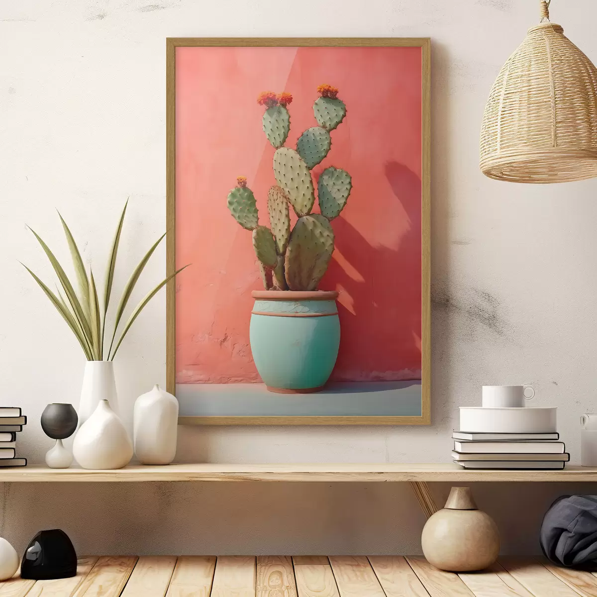 Poster Cactus dans un pot léger contre un mur rose rouge f40800