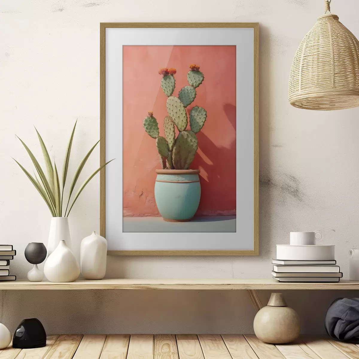 Poster Cactus dans un pot léger contre un mur rose rouge f40800