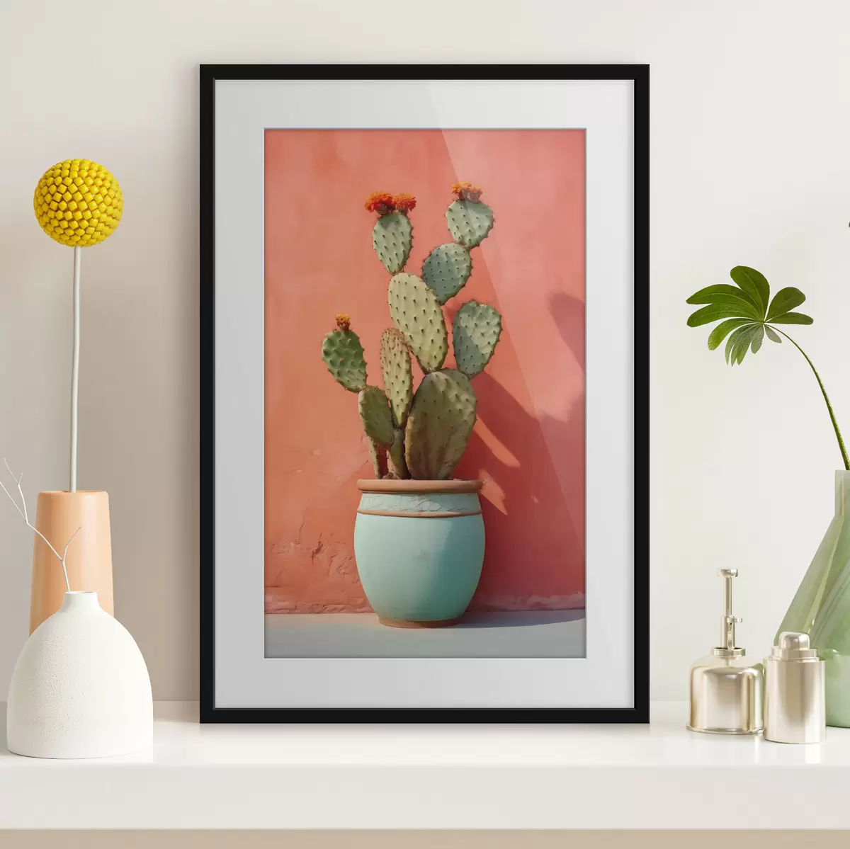 Poster Cactus dans un pot léger contre un mur rose rouge f40800