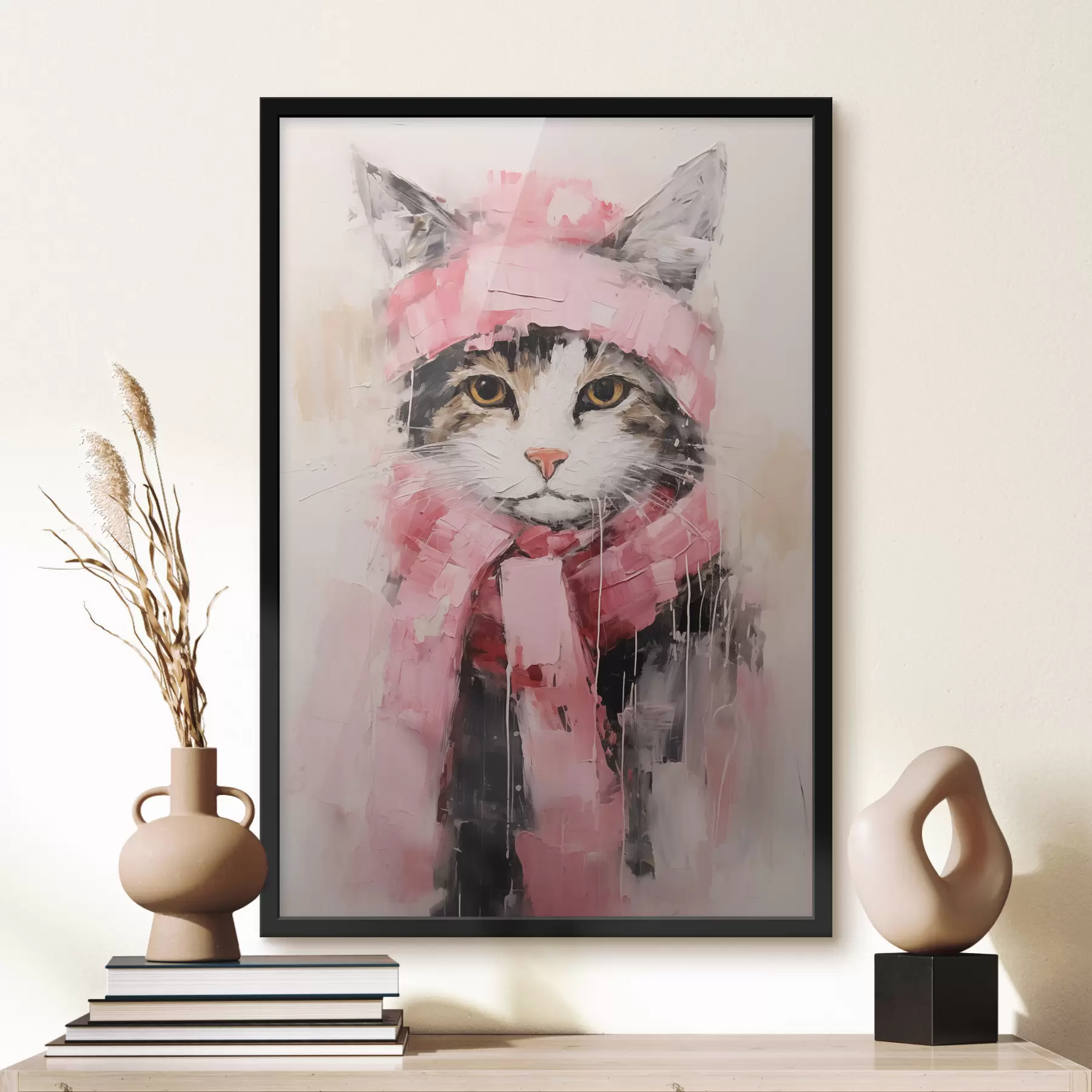 Papier peint Chat gris noir avec un chapeau et une écharpe roses f40801