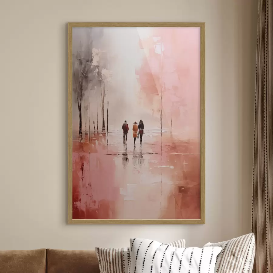 Papier peint Personnes se promenant dans le parc abstrait, couleur rose rouge f40802