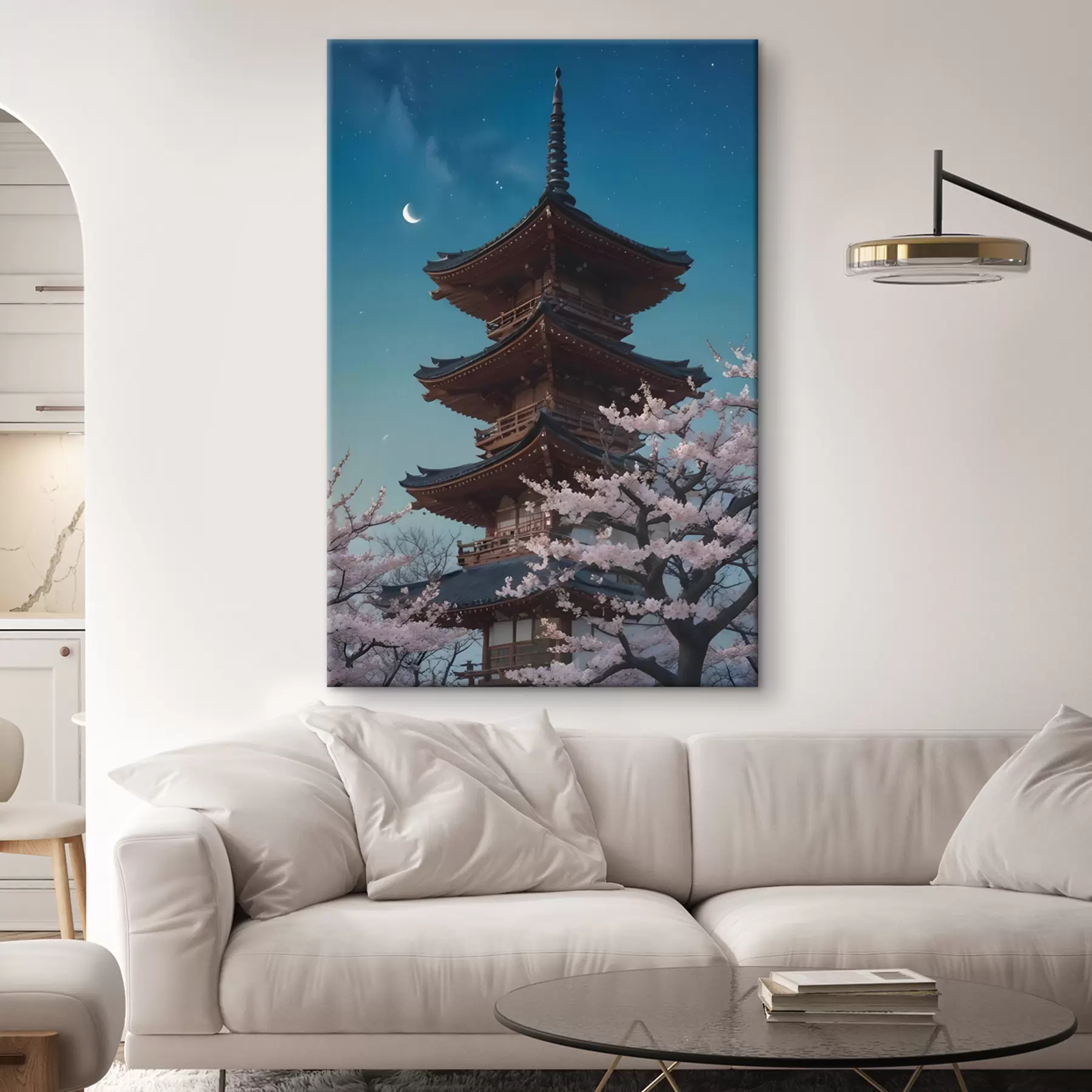 Tableau Pagode japonaise traditionnelle avec un croissant de lune dans le ciel et des cerisiers en fleurs s40586