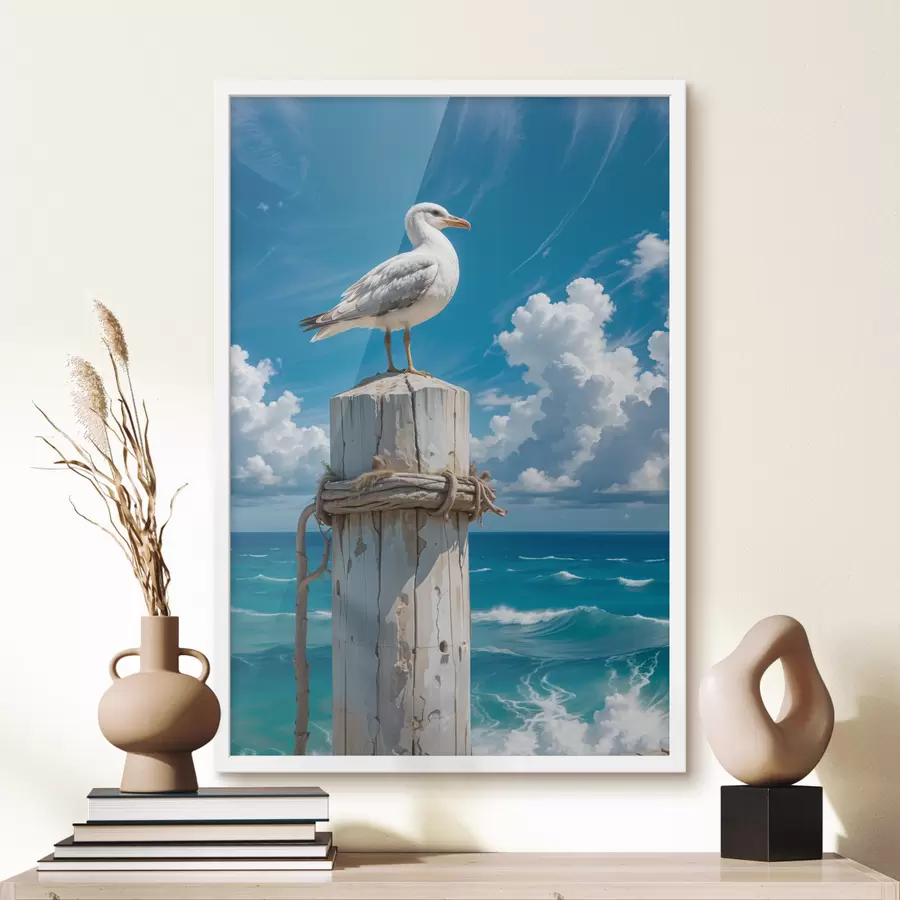 Papier peint Une mouette blanche perchée sur un poteau en bois sur fond de ciel bleu vif et d'océan avec des vagues f40590